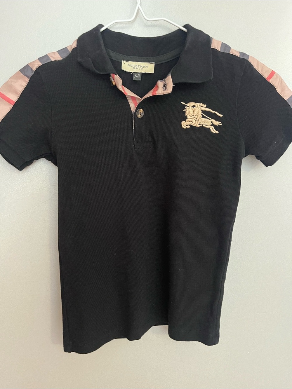 Burberry Black Polo with Beige Check Shoulder Trim